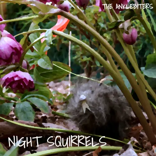 The album art for Night Squirrels by The Anklebiters. It features a stylized rat hanging out in the garden.