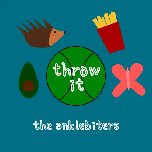 The album art for Throw It by The Anklebiters. It features vector graphics of a Hedgehog, Frenchfry, Avocado, Butterfly, and a tennis ball in the middle. Text on the tennis ball reads 'Throw It', and underneath it reads 'The Anklebiters'.
